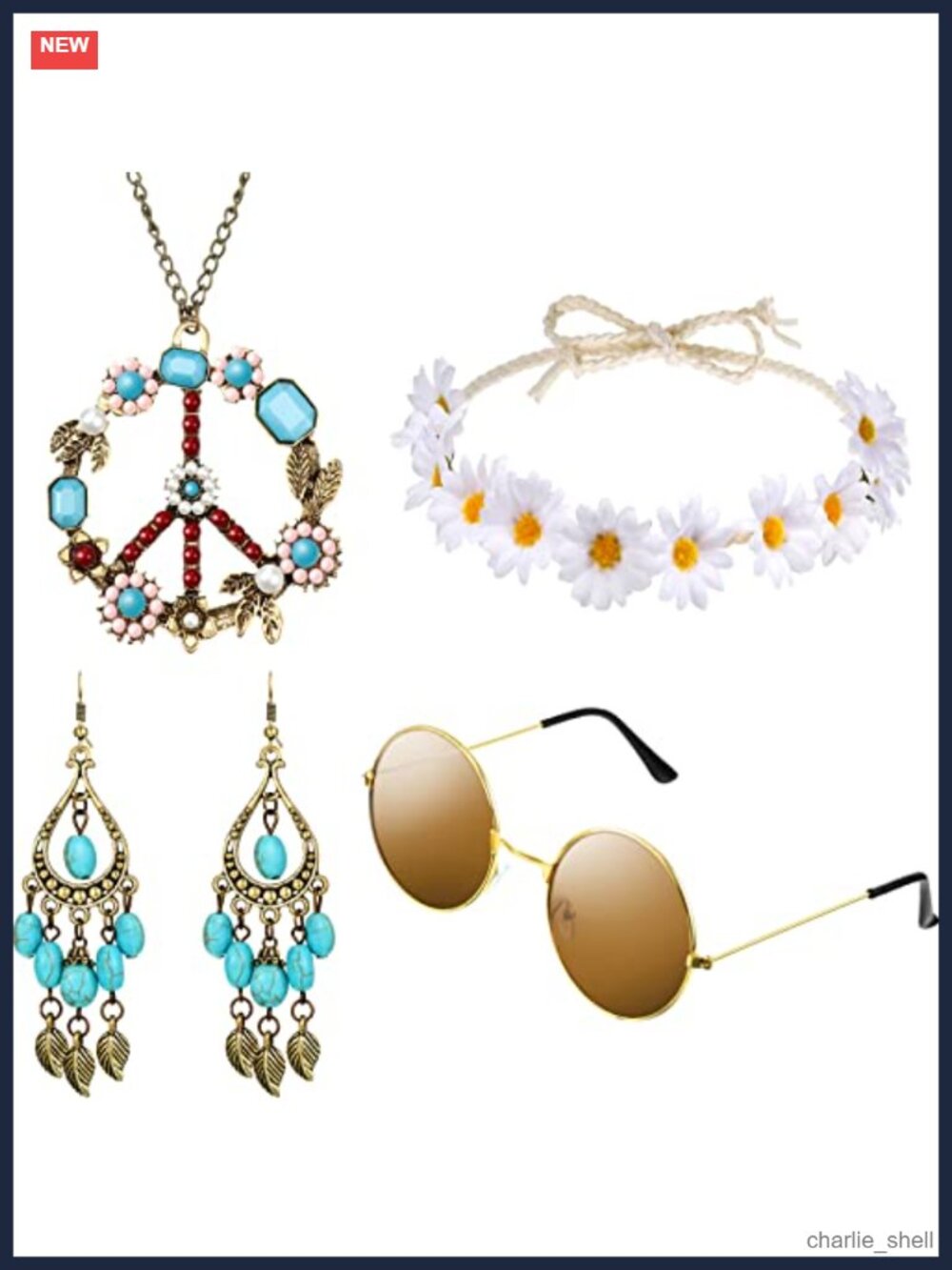 4 Pc 70s Hippie Costume Accessory Set Peace Necklace Earrings Glasses Headband